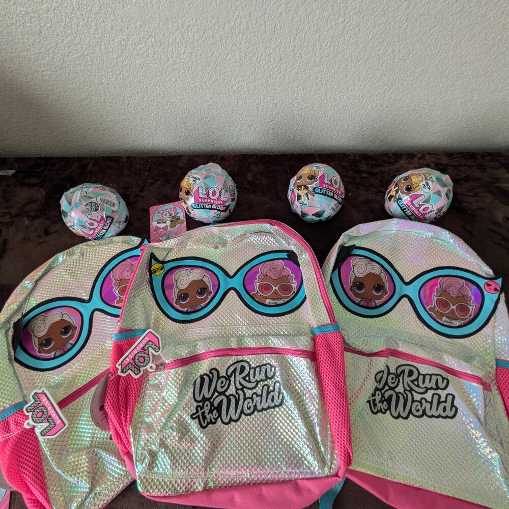 3  L.O.L. Surprise Large Backpacks  & 4 L.O.L. Surprise Glitter Globes  - NWT
